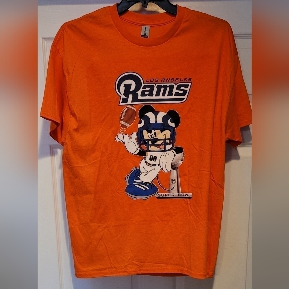 NWT Los Angeles Rams 2022 Super Bowl Mickey Mouse Orange Cotton T-Shirt Size XL